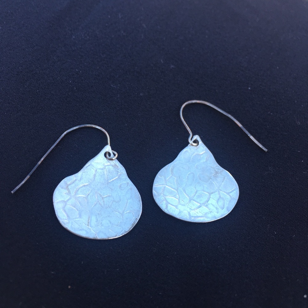 Silver Earrings - Textured Teardrop Dangle with Organic/Abstract Stamped Pattern - Picture 8 of 9